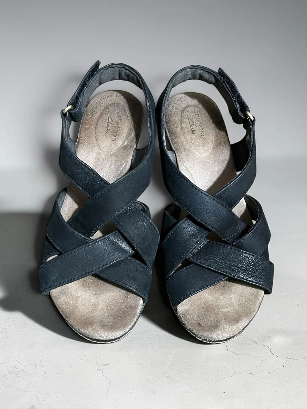 Clarks Collection Black Leather Cork Wedge Slingback Sandals Women’s 8.5